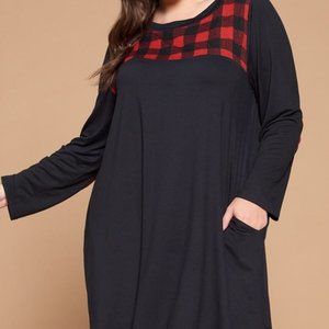 Black Tunic Dress with Buffalo Plaid Accents